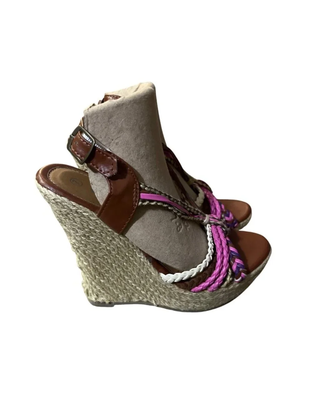 385 Fifth Womens 7 Wedge Sandals Pink Purple Braided Espadrille Resort Heels